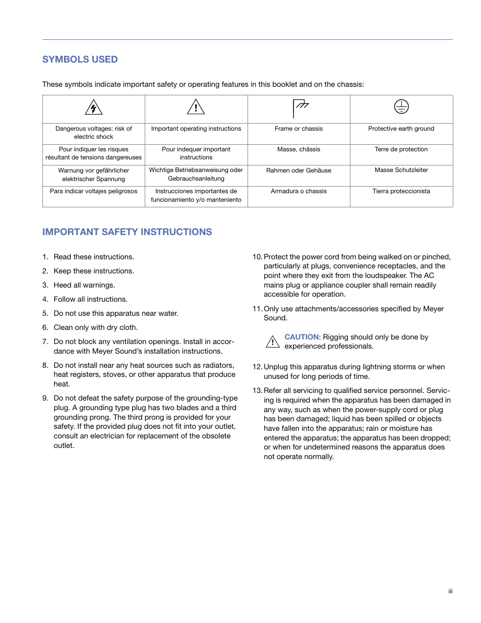 Symbols used, Important safety instructions | Meyer Sound MPS-488HP User Manual | Page 3 / 32