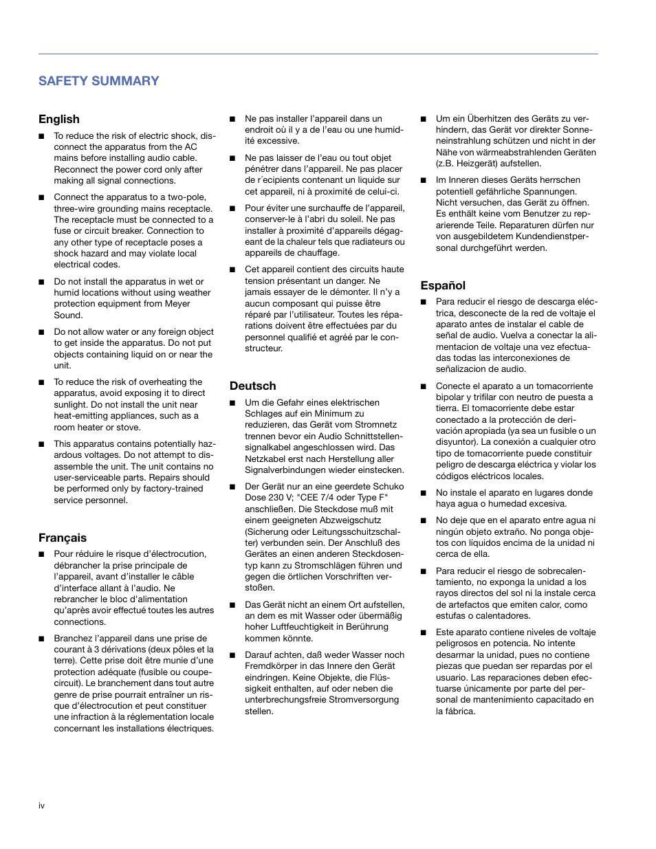 Safety summary, English, Français | Deutsch, Español | Meyer Sound MPS-488HP User Manual | Page 4 / 32