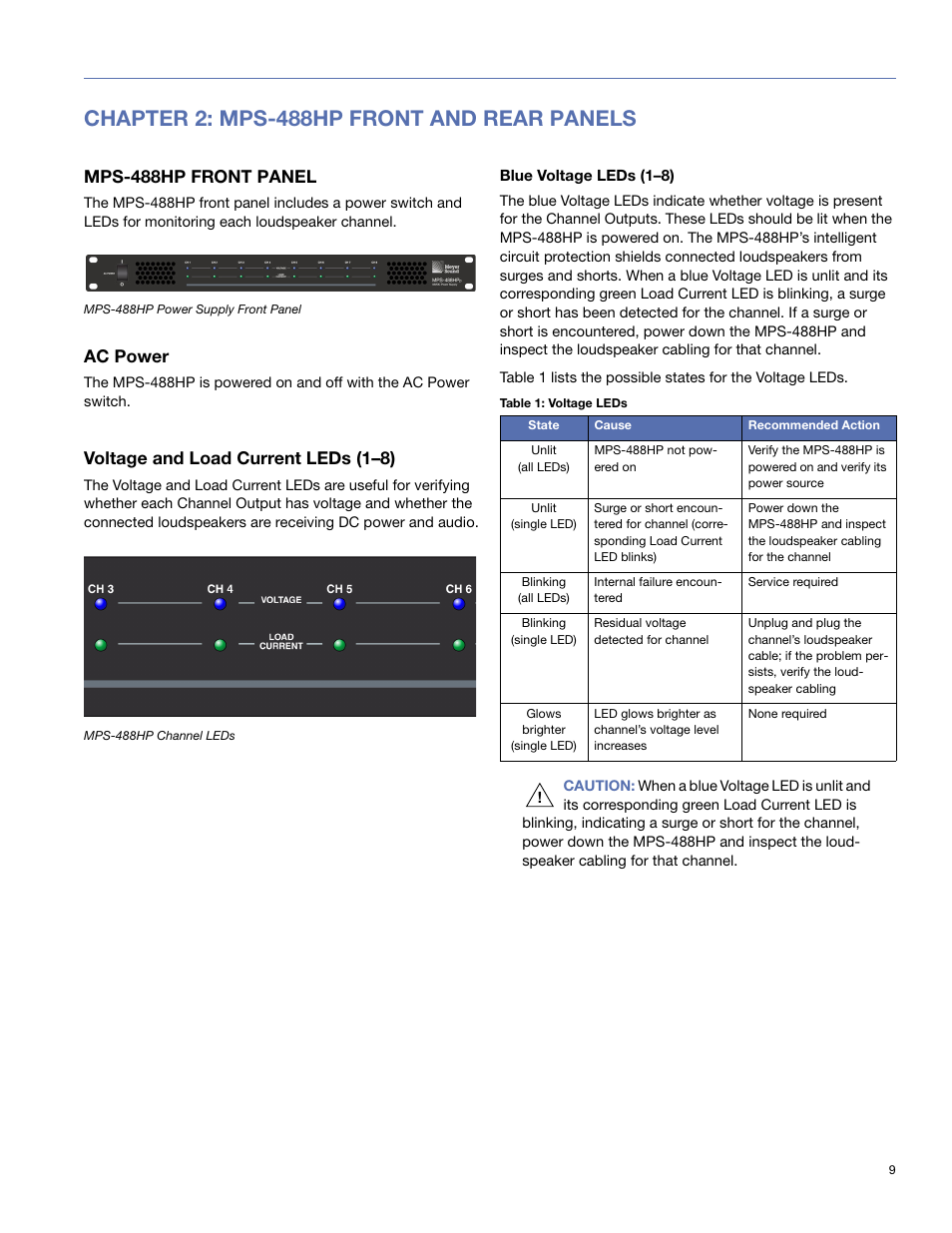 Chapter 2: mps-488hp front and rear panels, Mps-488hp front panel, Ac power | Voltage and load current leds (1-8), Blue voltage leds (1-8), Voltage and load current leds (1–8) | Meyer Sound MPS-488HP User Manual | Page 9 / 32