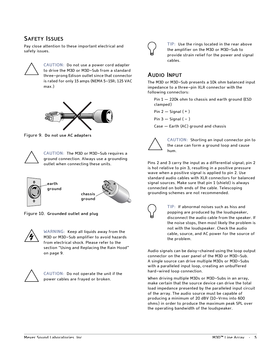 Safety issues, Audio input | Meyer Sound M3D User Manual | Page 11 / 32