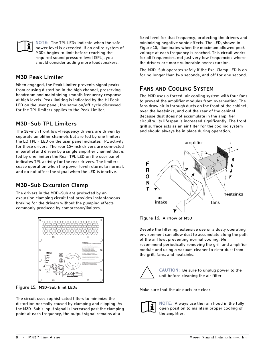 M3d peak limiter, M3d-sub tpl limiters, M3d-sub excursion clamp | Fans and cooling system, Ooling, Ystem | Meyer Sound M3D User Manual | Page 14 / 32