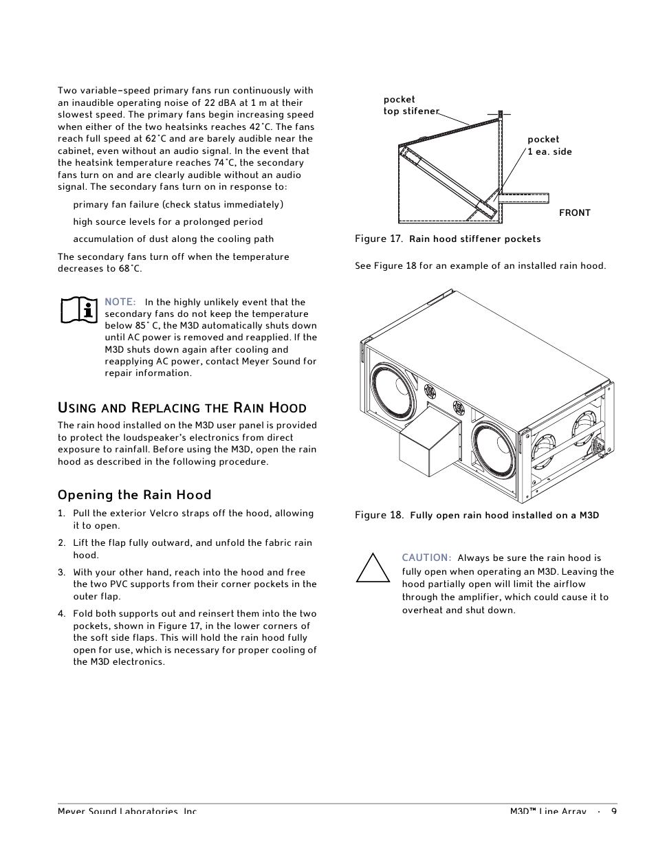 Using and replacing the rain hood, Opening the rain hood | Meyer Sound M3D User Manual | Page 15 / 32