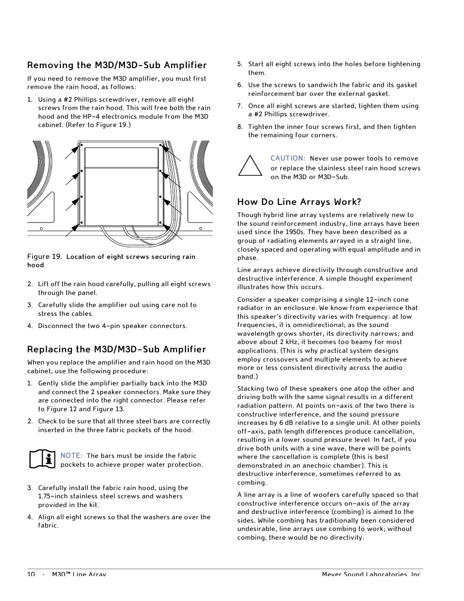 Removing the m3d/m3d-sub amplifier, Replacing the m3d/m3d-sub amplifier, How do line arrays work | Meyer Sound M3D User Manual | Page 16 / 32