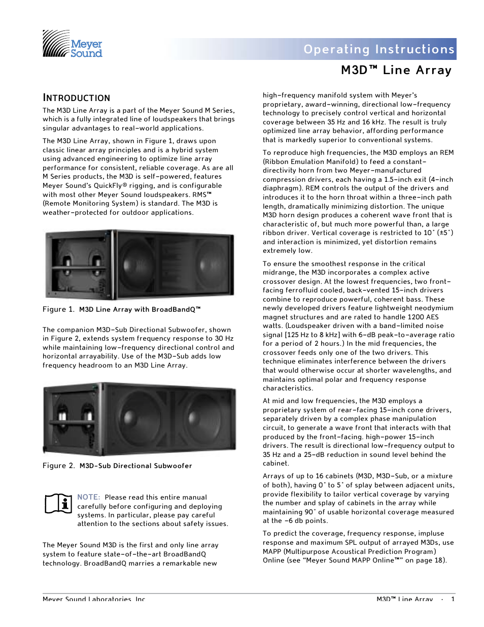 M3d™ line array, Introduction, Operating instructions | Meyer Sound M3D User Manual | Page 7 / 32