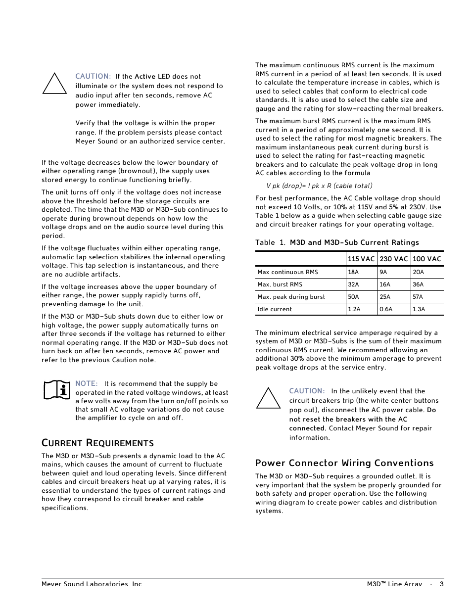 Current requirements, Power connector wiring conventions | Meyer Sound M3D User Manual | Page 9 / 32