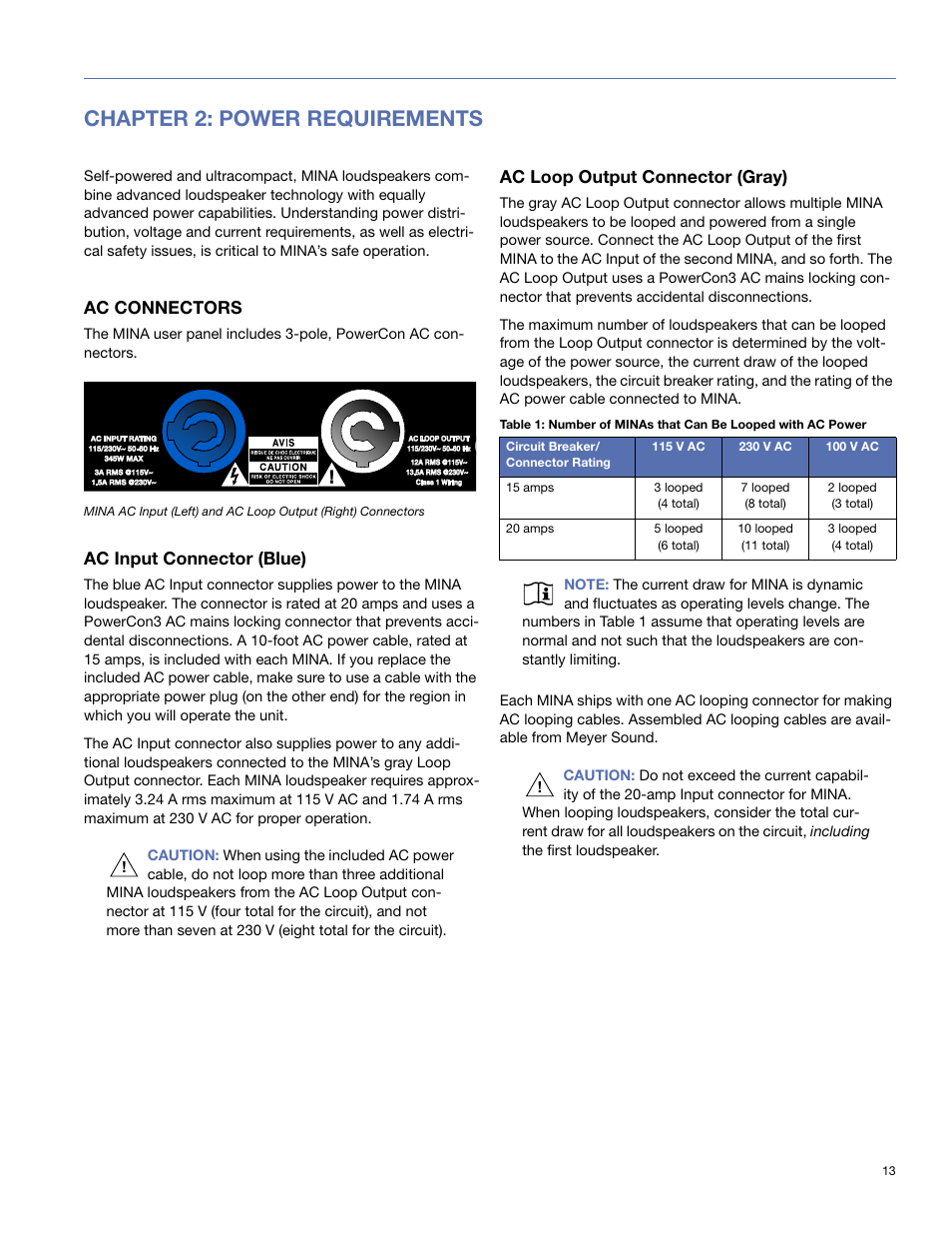 Chapter 2: power requirements, Ac connectors, Ac input connector (blue) | Ac loop output connector (gray) | Meyer Sound Mina Compact User Manual | Page 13 / 52