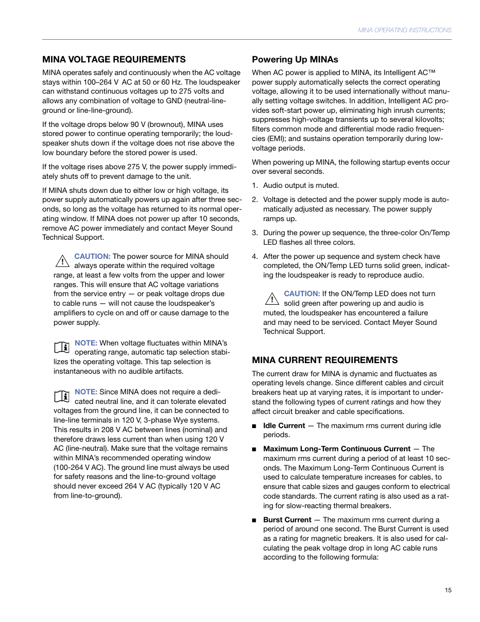 Mina voltage requirements, Powering up minas, Mina current requirements | Meyer Sound Mina Compact User Manual | Page 15 / 52