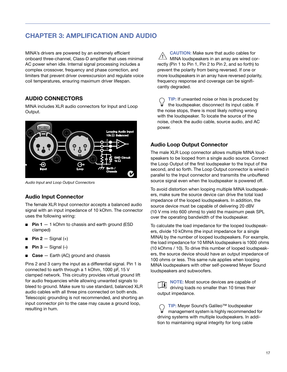 Chapter 3: amplification and audio, Audio connectors, Audio input connector | Audio loop output connector | Meyer Sound Mina Compact User Manual | Page 17 / 52