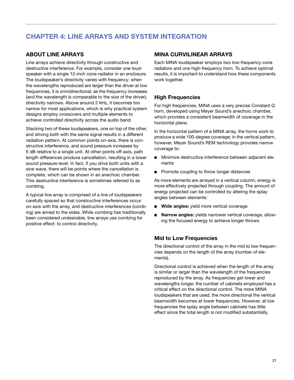 Chapter 4: line arrays and system integration, About line arrays, Mina curvilinear arrays | High frequencies, Mid to low frequencies | Meyer Sound Mina Compact User Manual | Page 21 / 52