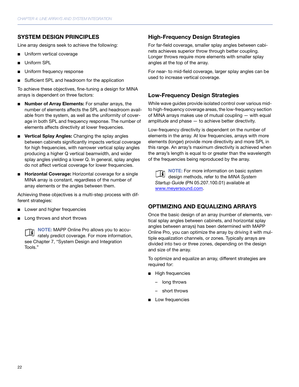 System design principles, High-frequency design strategies, Low-frequency design strategies | Optimizing and equalizing arrays | Meyer Sound Mina Compact User Manual | Page 22 / 52