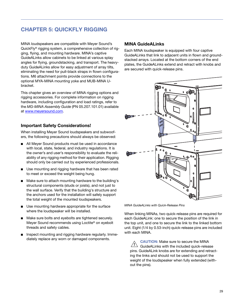Chapter 5: quickfly rigging, Important safety considerations, Mina guidealinks | Meyer Sound Mina Compact User Manual | Page 29 / 52