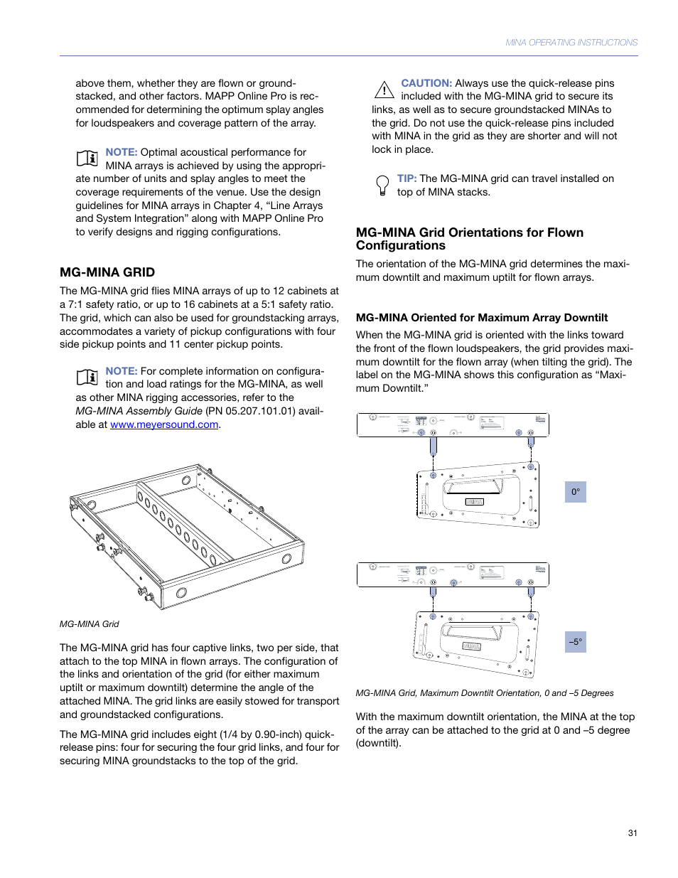 Mg-mina grid, Mg-mina grid orientations for flown configurations, Mg-mina oriented for maximum array downtilt | Meyer Sound Mina Compact User Manual | Page 31 / 52