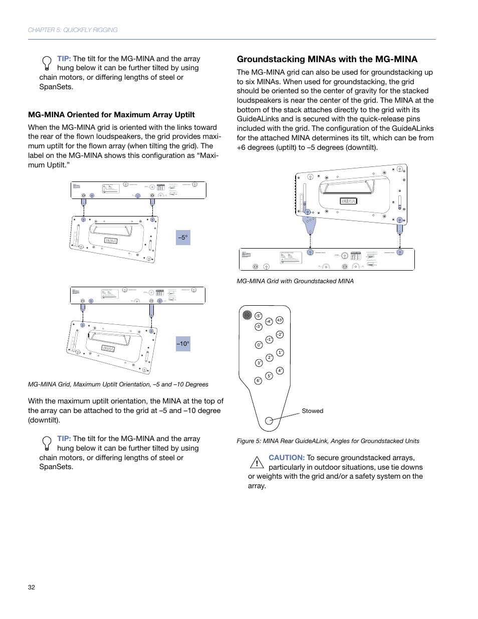 Mg-mina oriented for maximum array uptilt, Groundstacking minas with the mg-mina | Meyer Sound Mina Compact User Manual | Page 32 / 52