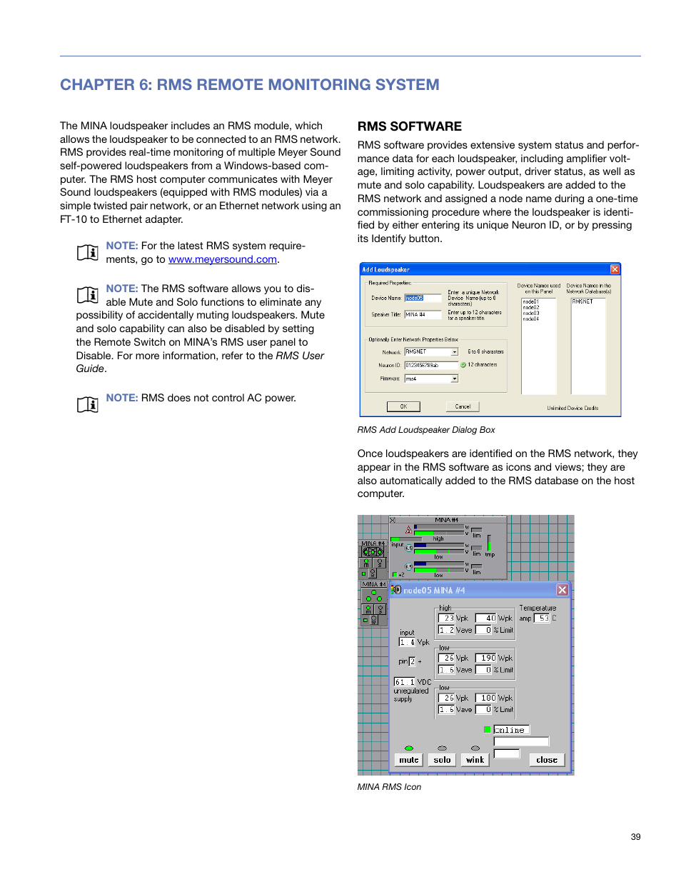 Chapter 6: rms remote monitoring system, Rms software | Meyer Sound Mina Compact User Manual | Page 39 / 52