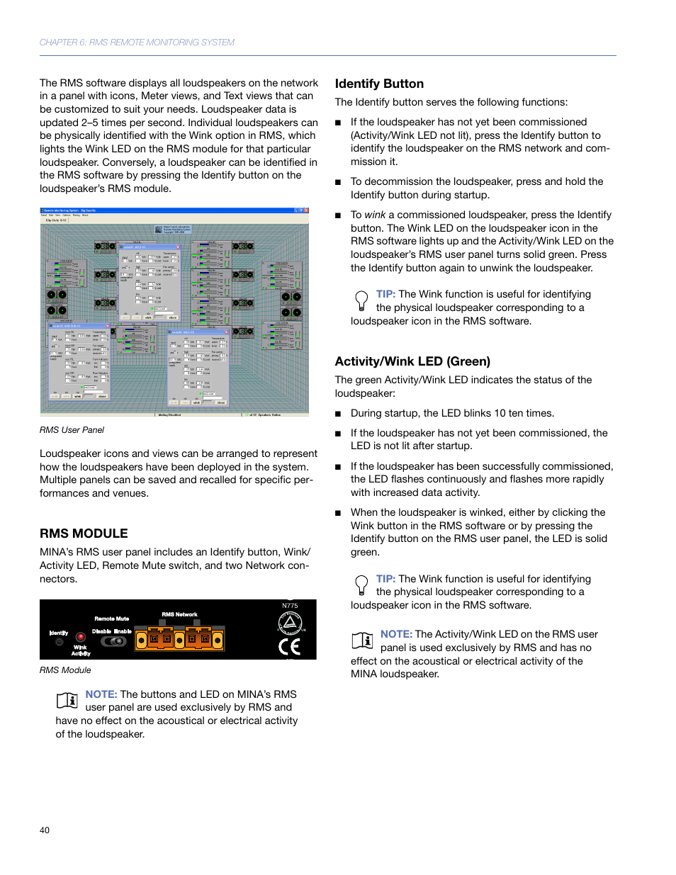 Rms module, Identify button, Activity/wink led (green) | Meyer Sound Mina Compact User Manual | Page 40 / 52