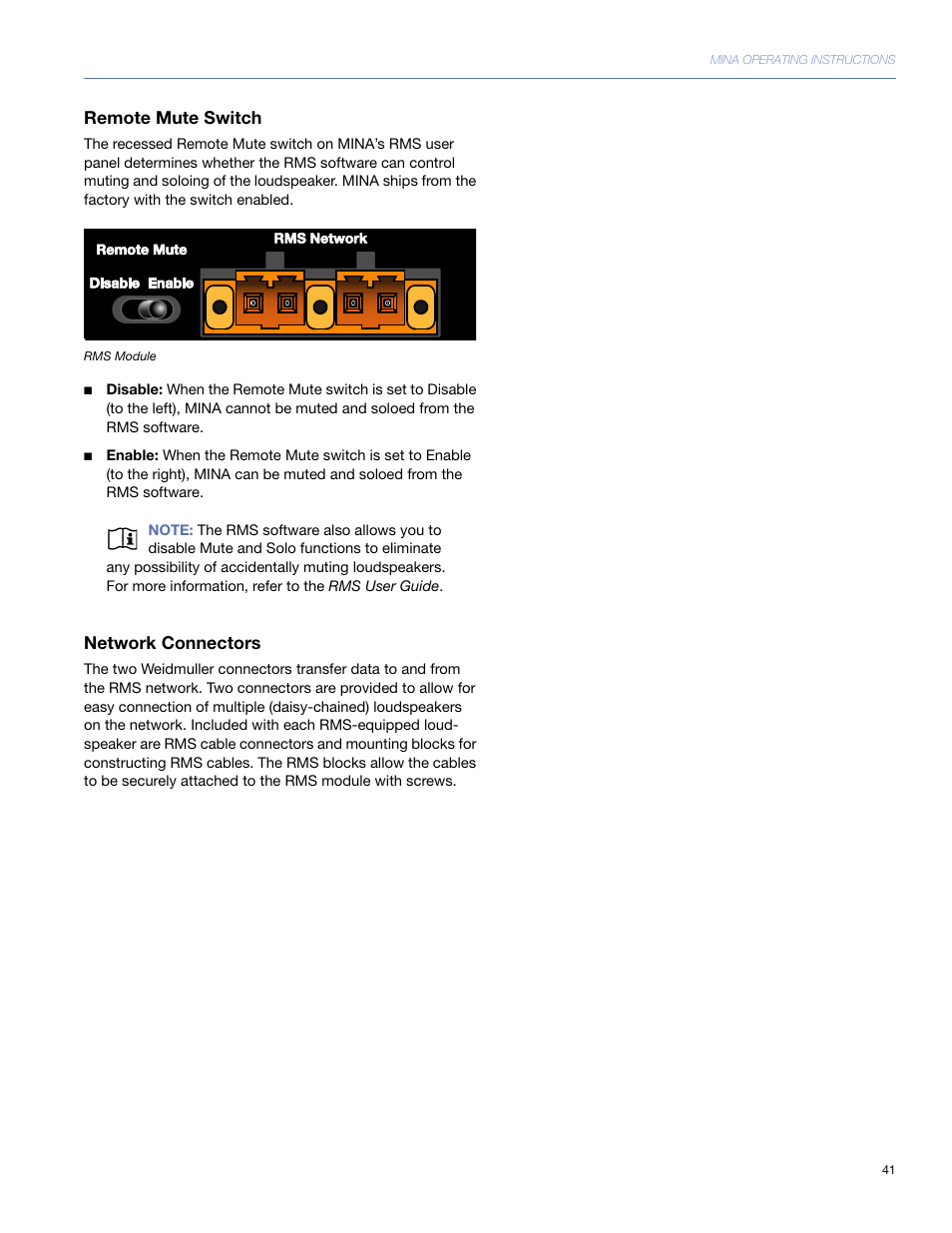 Remote mute switch, Network connectors | Meyer Sound Mina Compact User Manual | Page 41 / 52