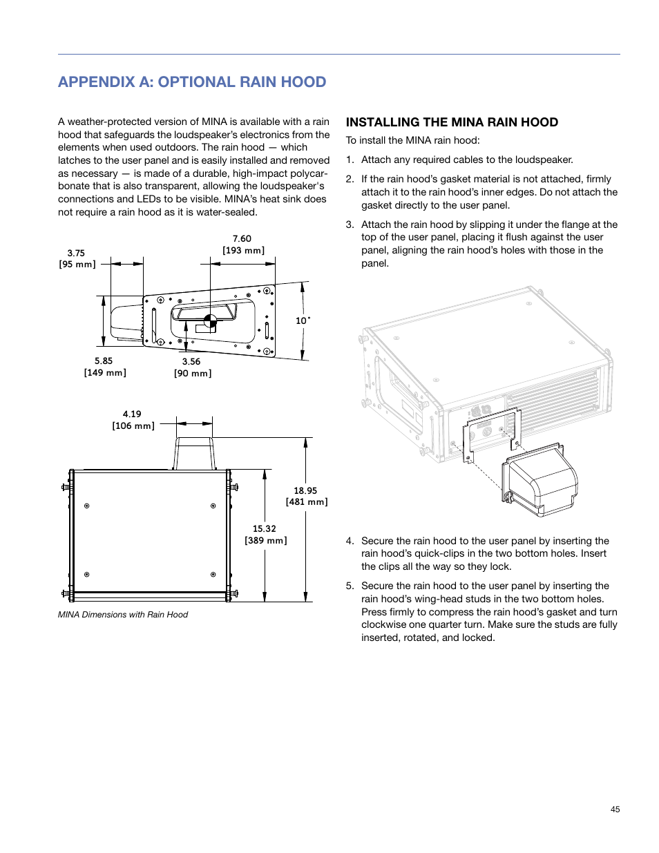 Appendix a: optional rain hood, Installing the mina rain hood | Meyer Sound Mina Compact User Manual | Page 45 / 52