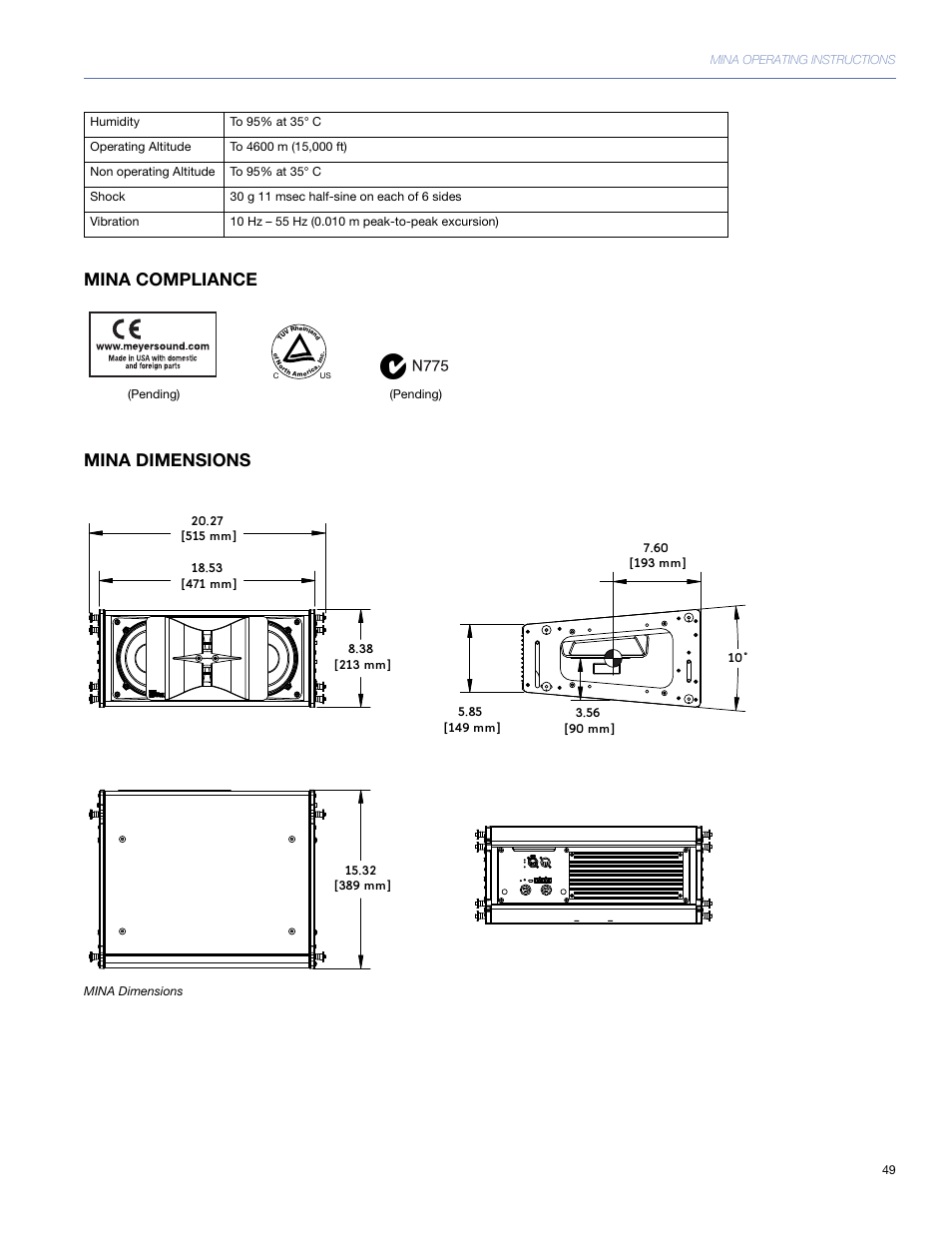 Mina compliance, Mina dimensions, Mina compliance mina dimensions | Meyer Sound Mina Compact User Manual | Page 49 / 52