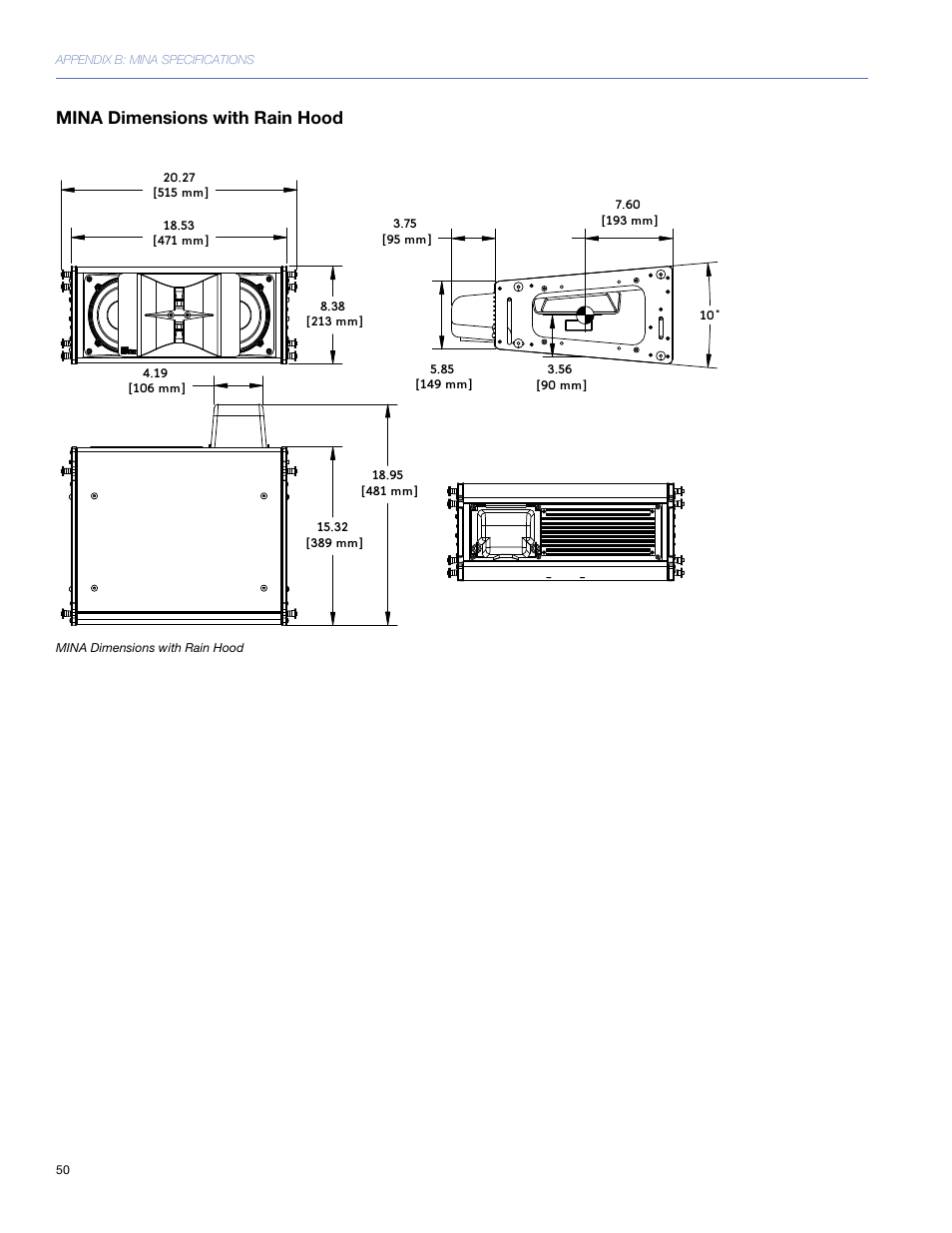 Mina dimensions with rain hood | Meyer Sound Mina Compact User Manual | Page 50 / 52