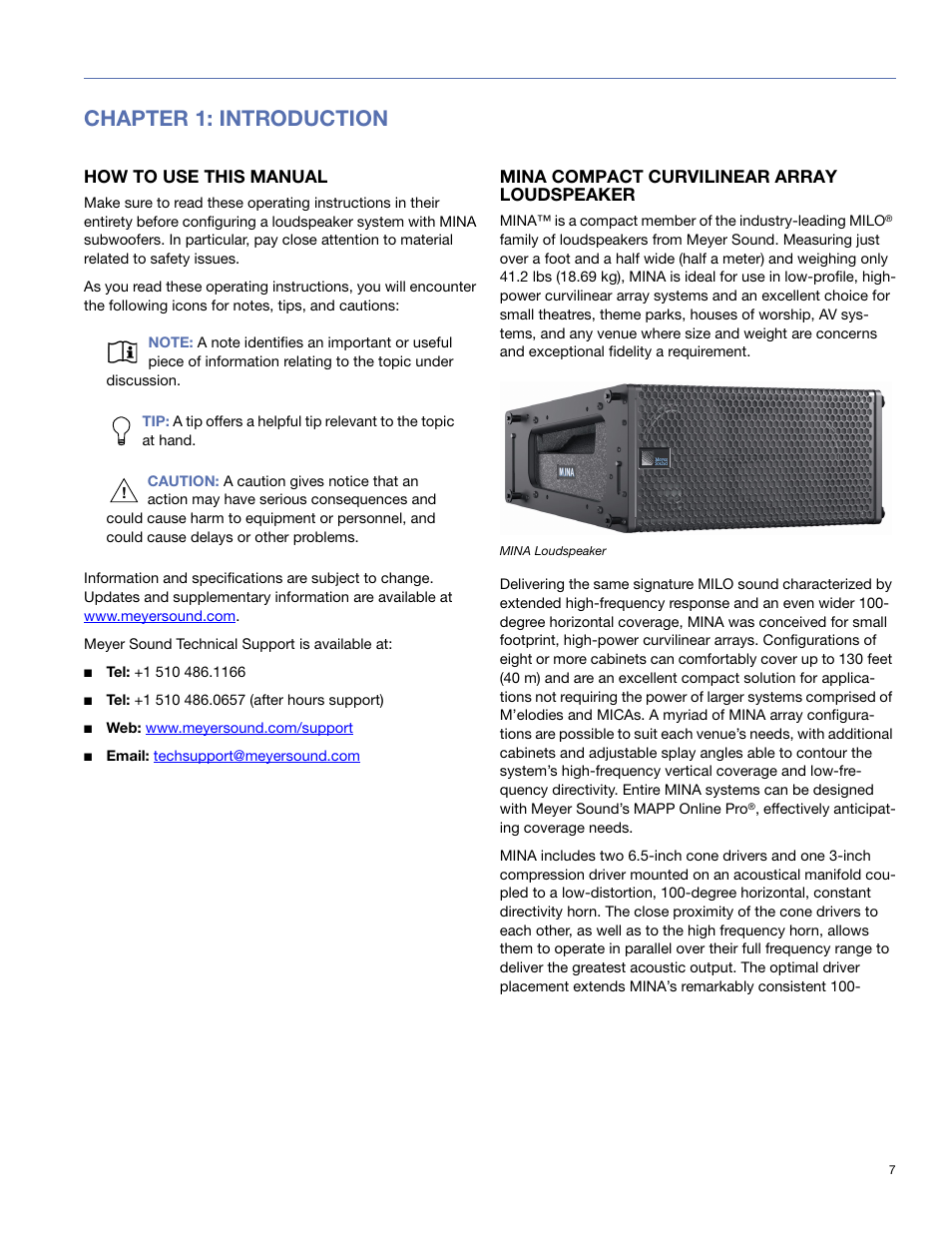 Chapter 1: introduction, How to use this manual, Mina compact curvilinear array loudspeaker | Meyer Sound Mina Compact User Manual | Page 7 / 52