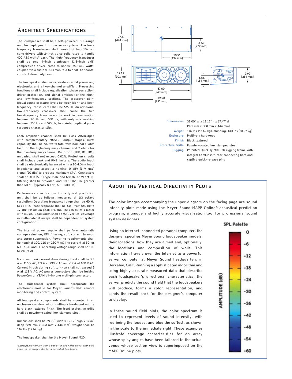 Architect specifications, About the vertical directivity plots | Meyer Sound M2D User Manual | Page 2 / 4