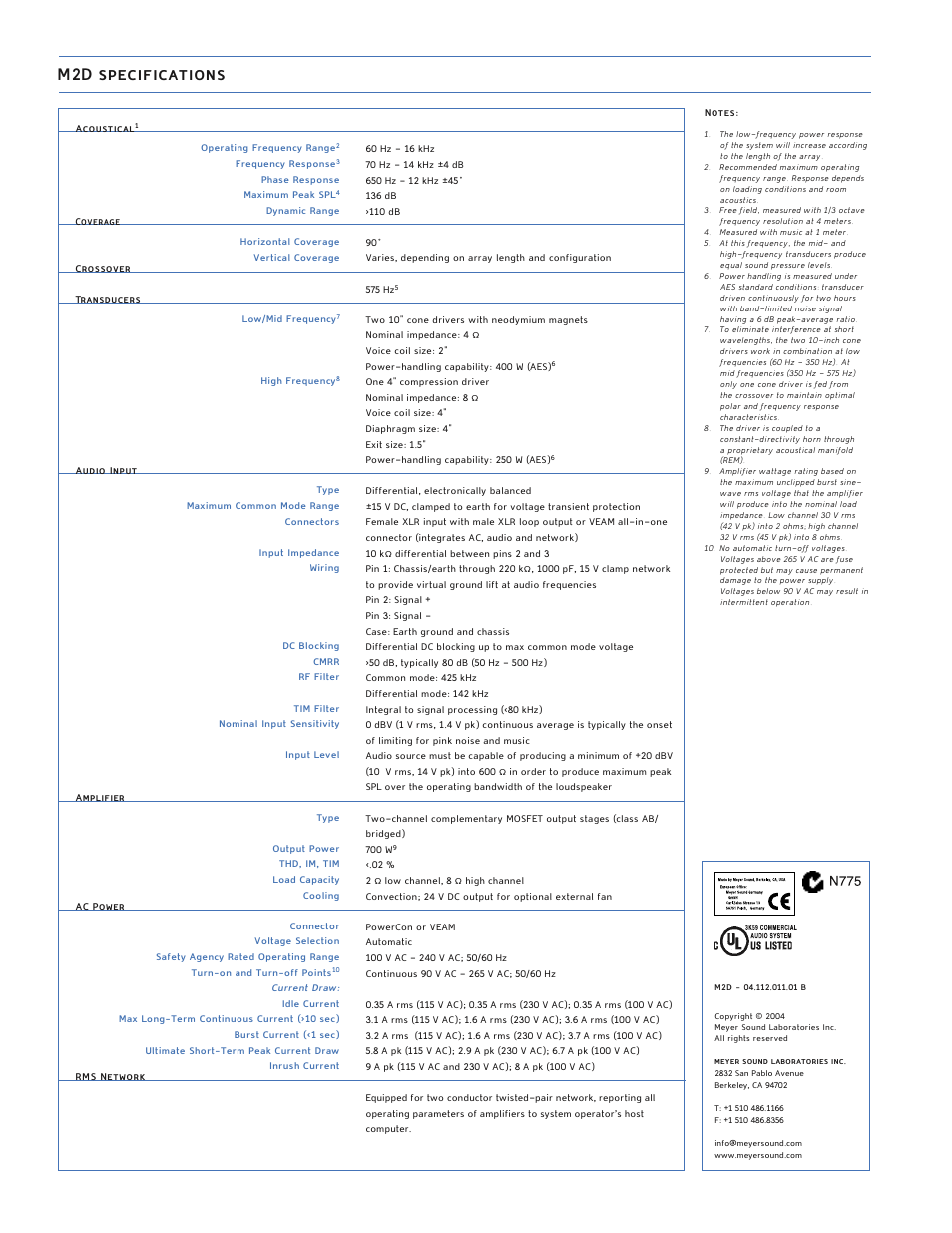 M2d specifications | Meyer Sound M2D User Manual | Page 4 / 4