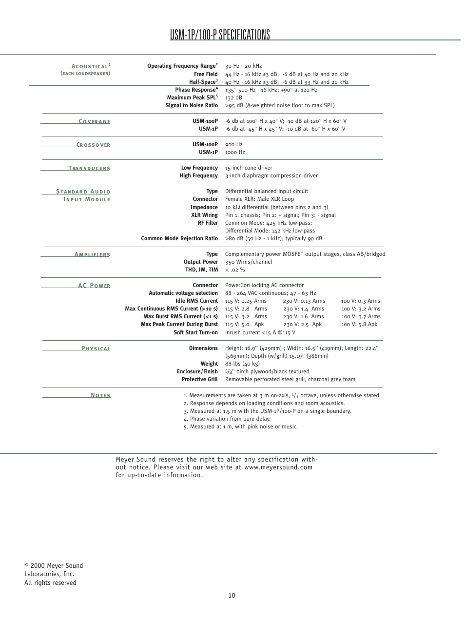 Usm-1p/100-p specifications | Meyer Sound Self-Powered Loudspeaker Systems USM-P Series User Manual | Page 10 / 12