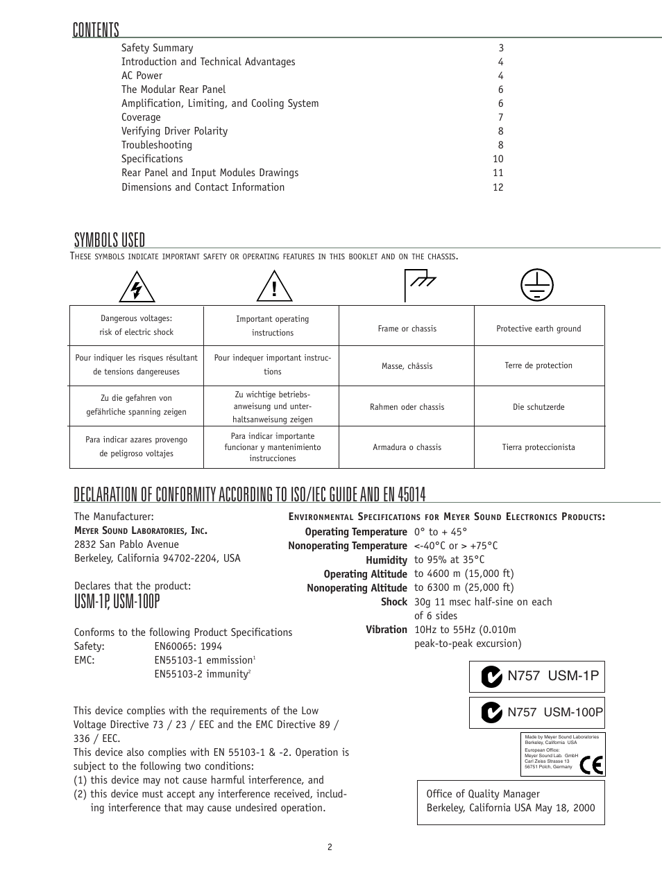 Usm-1p, usm-100p, Symbols used, N757 usm-1p | Meyer Sound Self-Powered Loudspeaker Systems USM-P Series User Manual | Page 2 / 12