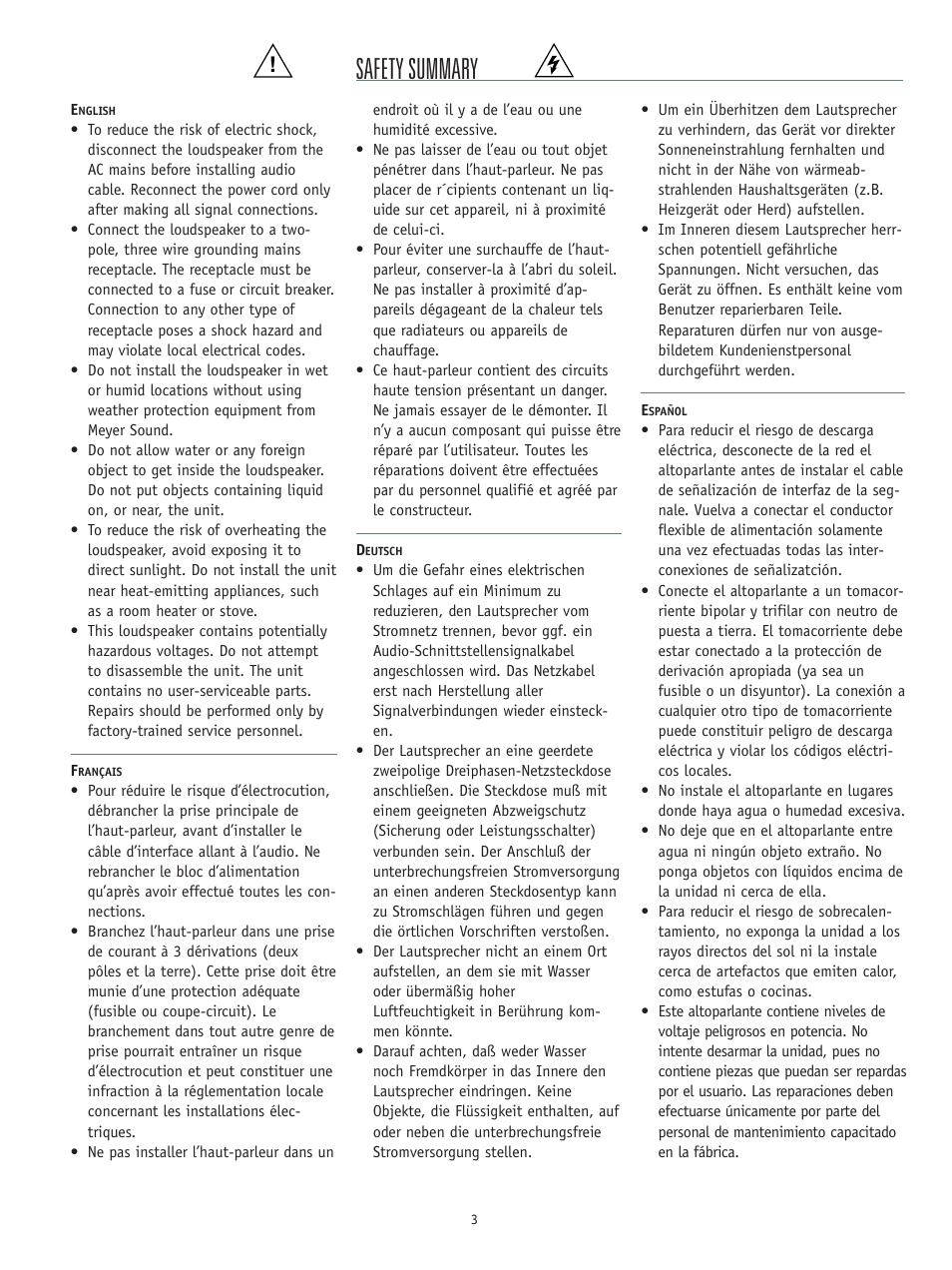 Safety summary | Meyer Sound Self-Powered Loudspeaker Systems USM-P Series User Manual | Page 3 / 12