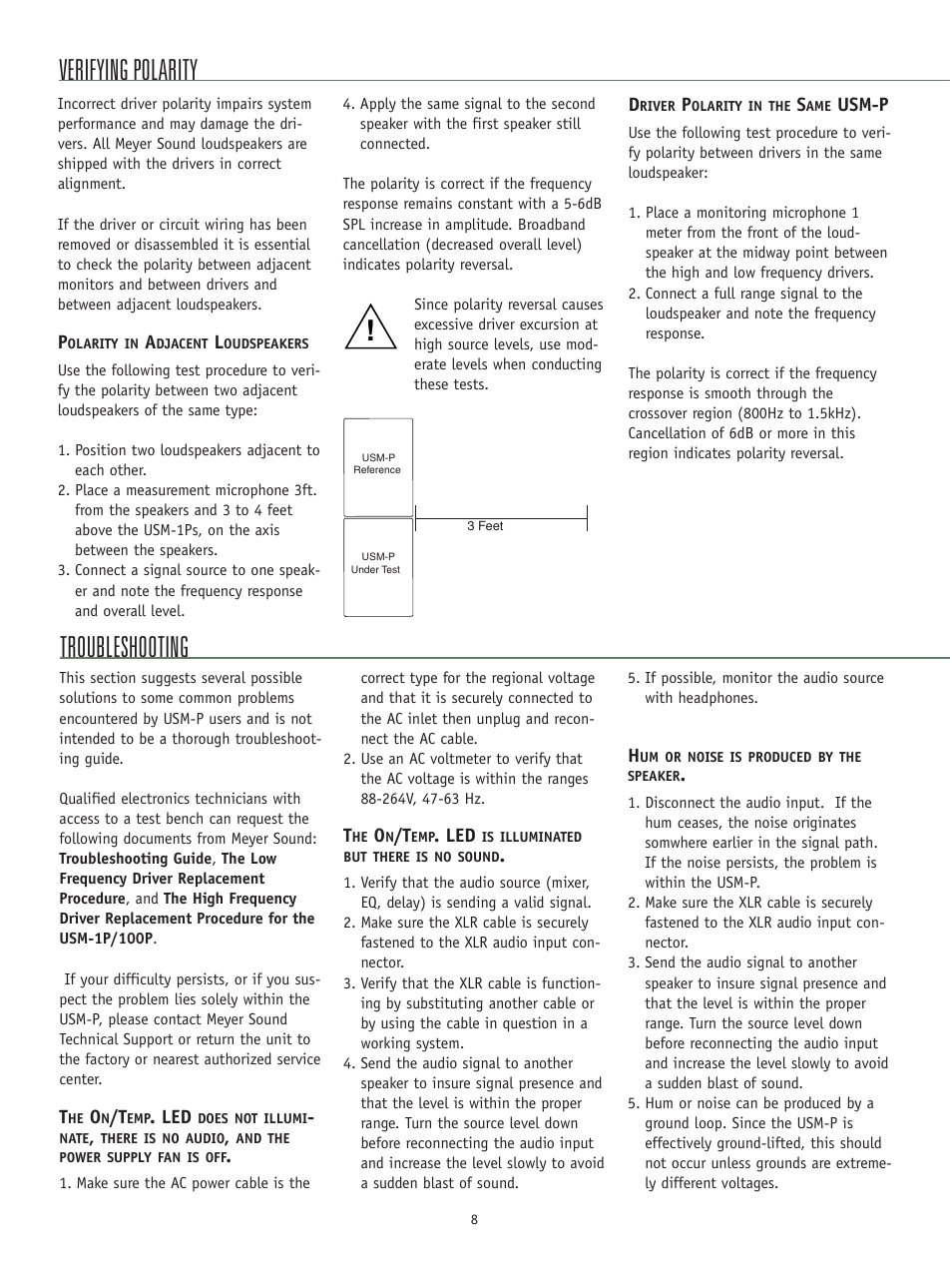 Verifying polarity ! troubleshooting | Meyer Sound Self-Powered Loudspeaker Systems USM-P Series User Manual | Page 8 / 12