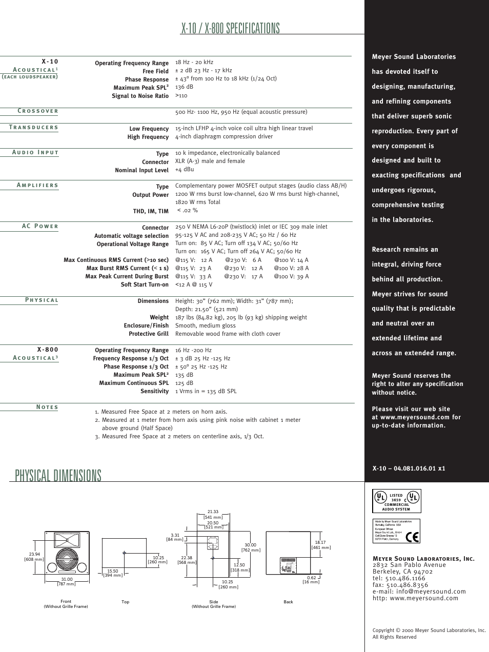 Physical dimensions | Meyer Sound X-10 User Manual | Page 4 / 4