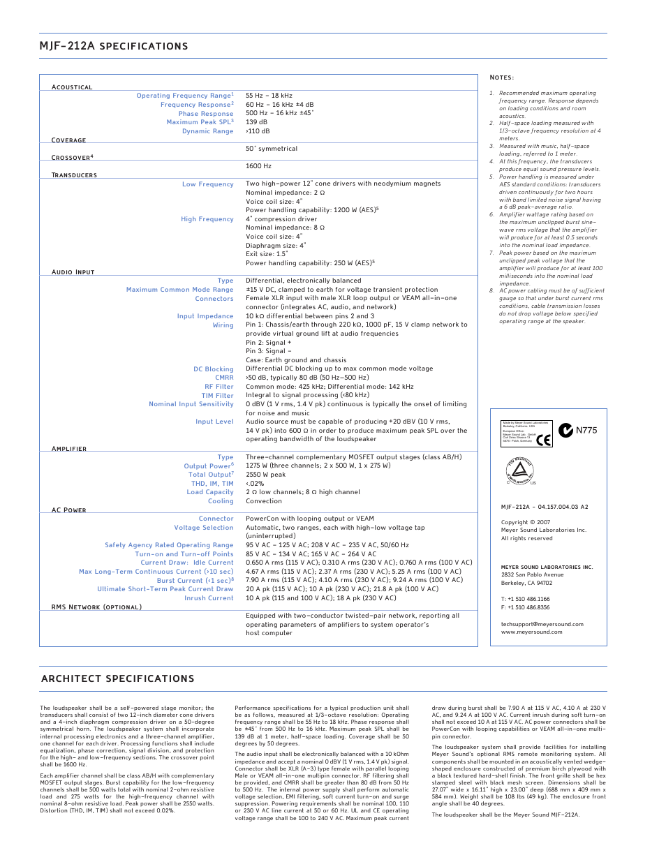 Mjf-212a specifications architect specifications | Meyer Sound MJF-212A User Manual | Page 2 / 2