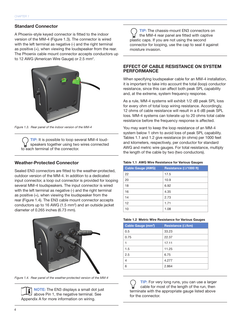 Standard connector, Weather-protected connector, Effect of cable resistance on system performance | Meyer Sound MM-4CEU User Manual | Page 10 / 24