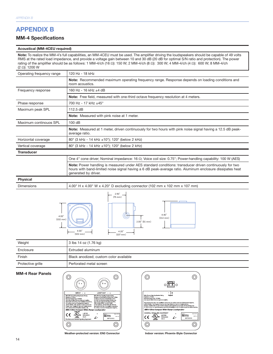 Appendix b, Mm-4 specifications | Meyer Sound MM-4CEU User Manual | Page 20 / 24