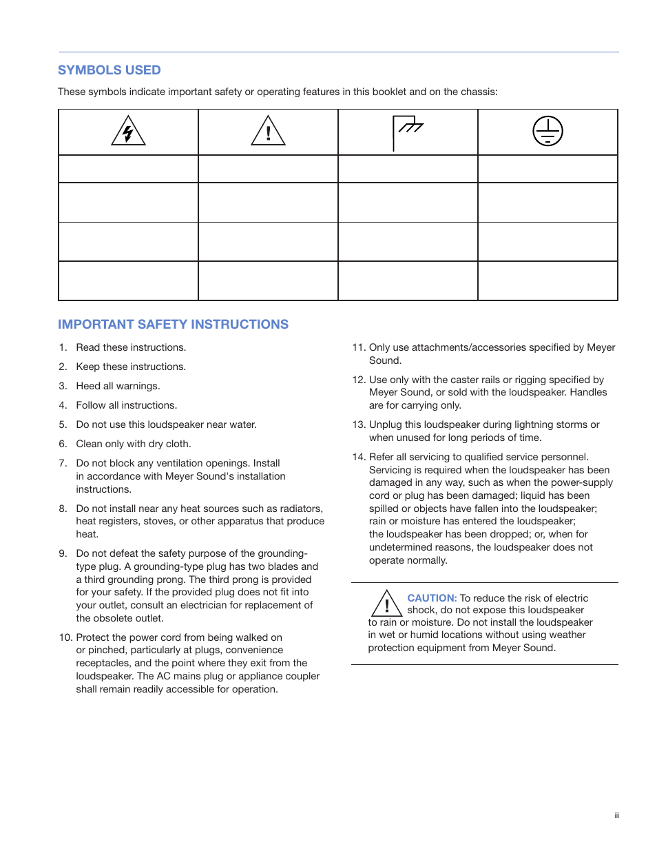 Symbols used, Important safety instructions | Meyer Sound MM-4CEU User Manual | Page 3 / 24