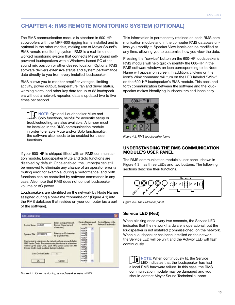 Service led (red), Chapter 4: rms remote monitoring system (optional) | Meyer Sound 600-HP User Manual | Page 19 / 40