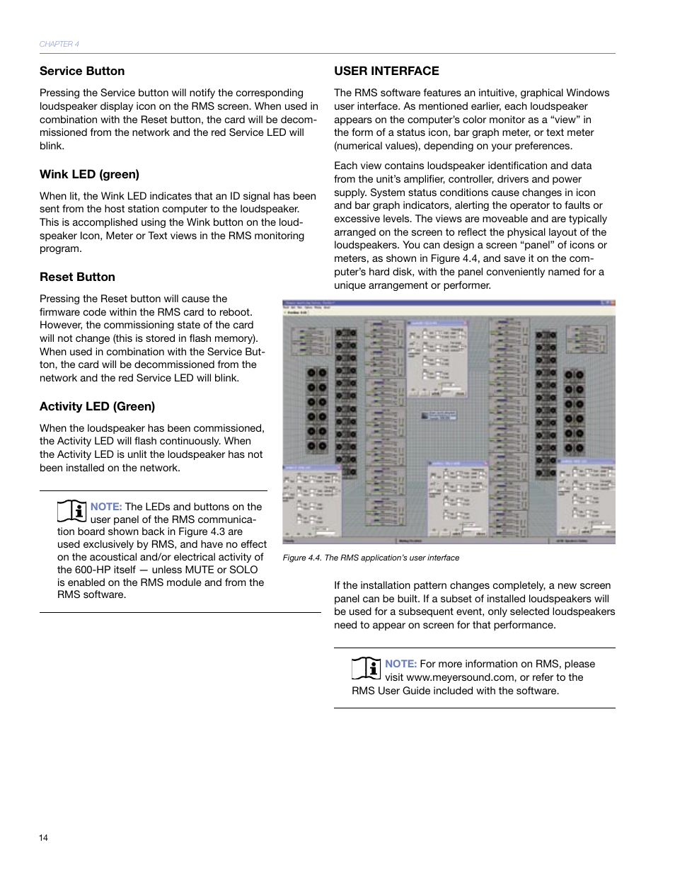 Service button, Wink led (green), Reset button | Activity led (green), User interface | Meyer Sound 600-HP User Manual | Page 20 / 40