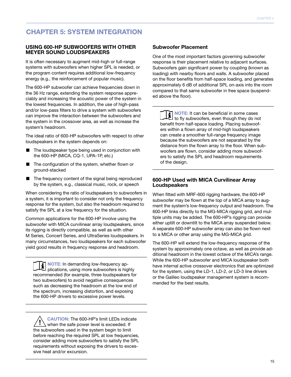 Chapter 5: system integration, Subwoofer placement, Hp used with mica™ curvilinear array loudspeakers | Meyer Sound 600-HP User Manual | Page 21 / 40