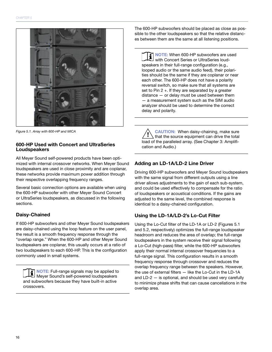 P used with concert and ultraseries loudspeakers, Daisy-chained, Adding an ld-1a/ld-2 line driver | Using the ld-1a/ld-2’s lo-cut filter | Meyer Sound 600-HP User Manual | Page 22 / 40