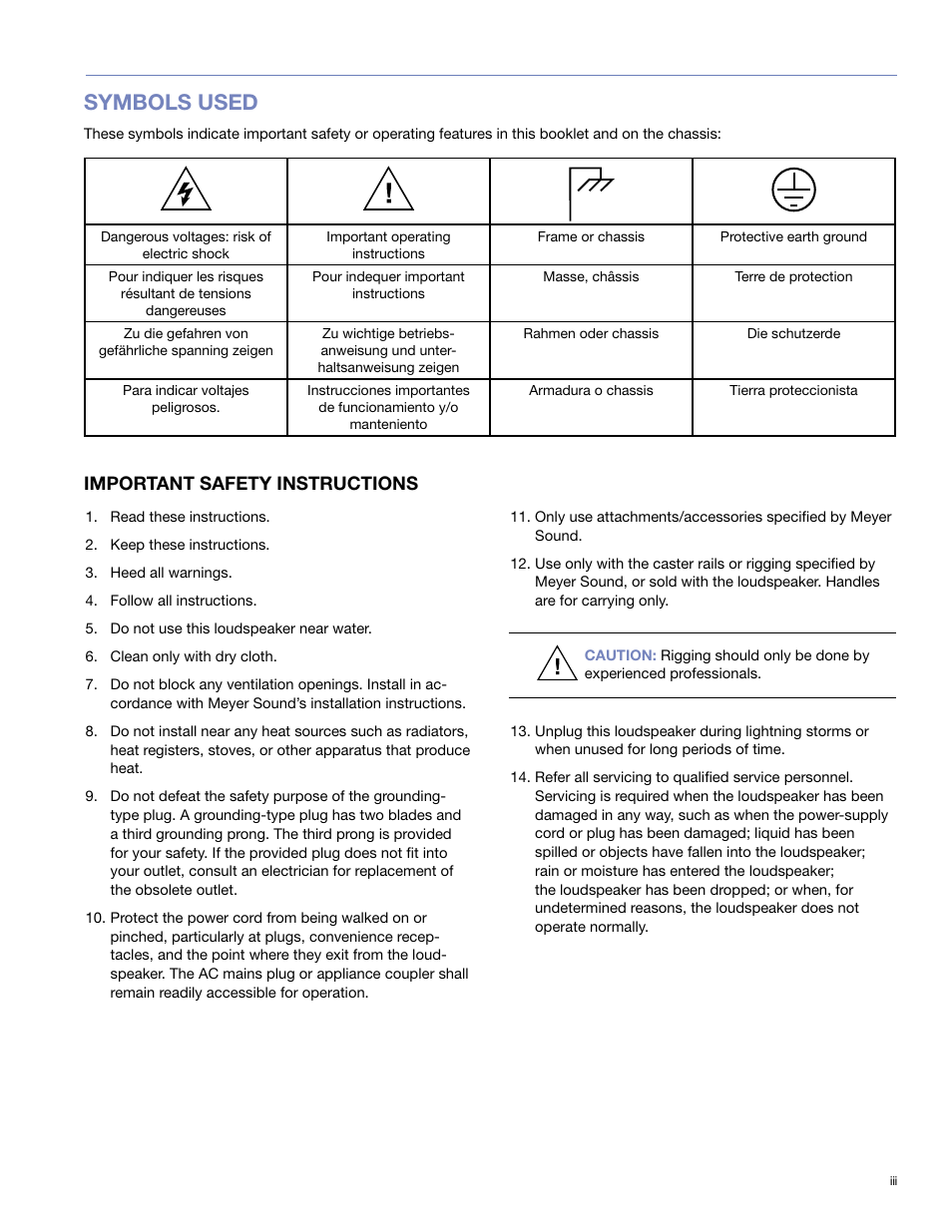 Symbols used, Important safety instructions | Meyer Sound 600-HP User Manual | Page 3 / 40