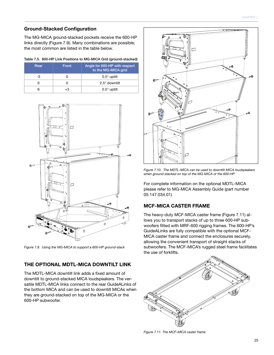 Ground-stacked conﬁguration, The optional mdtl-mica downtilt link, Mcf-mica caster frame | Meyer Sound 600-HP User Manual | Page 31 / 40