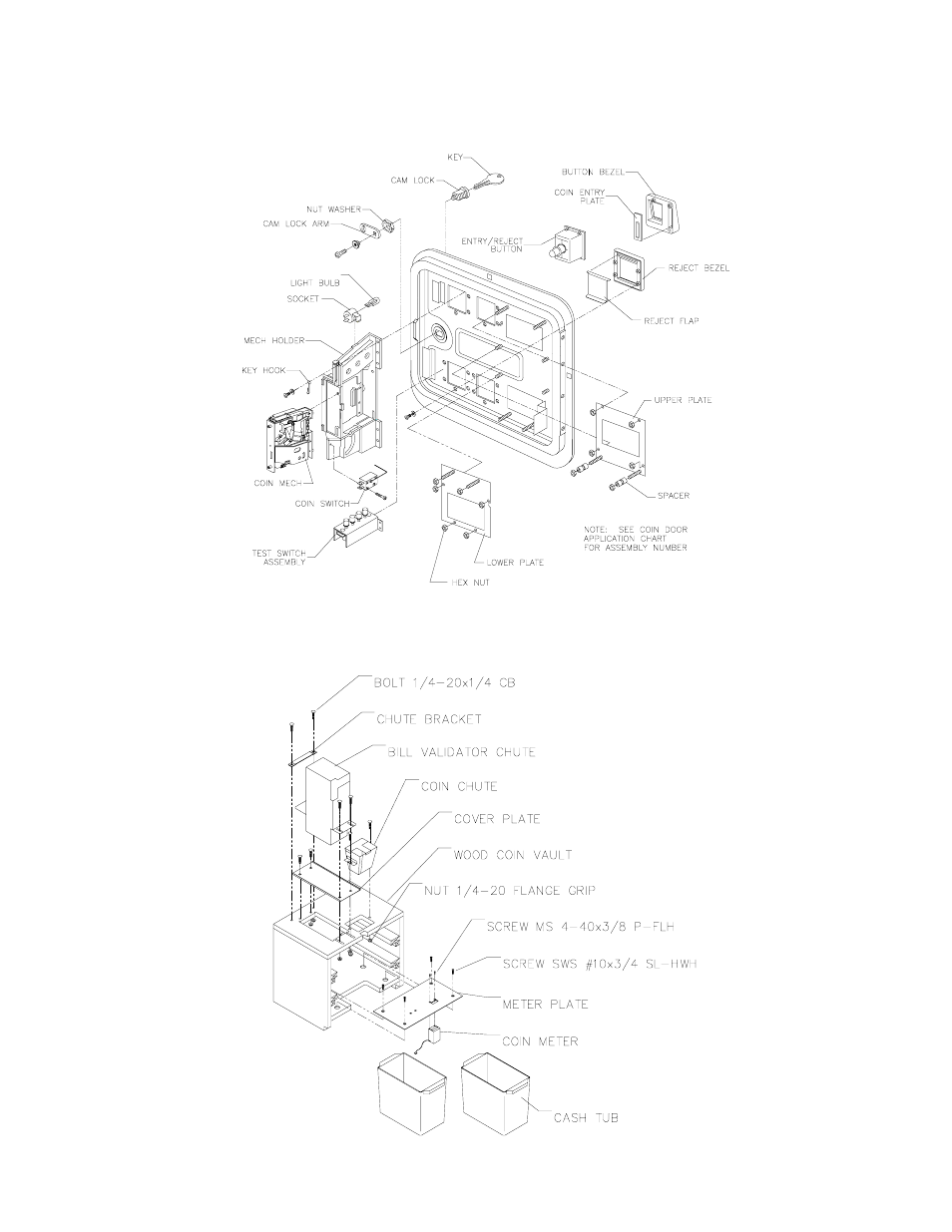 Coin door exploded view, Coin vault parts | Midway 4-Player 25" Dedicated Video Game User Manual | Page 128 / 140