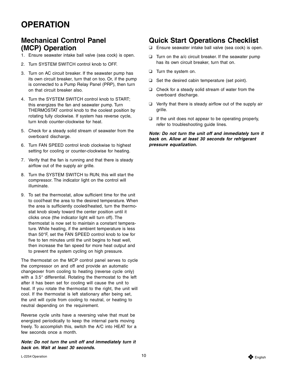 Operation, Quick start operations checklist, Mechanical control panel (mcp) operation | Mars Air Systems L-2254 User Manual | Page 10 / 32