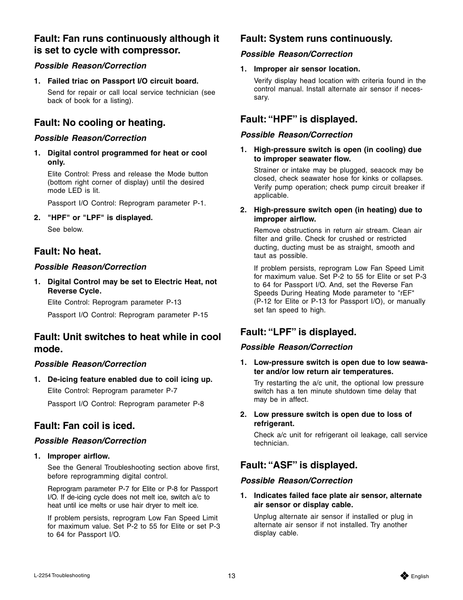 Fault: no cooling or heating, Fault: no heat, Fault: unit switches to heat while in cool mode | Fault: fan coil is iced, Fault: system runs continuously, Fault: “hpf” is displayed, Fault: “lpf” is displayed, Fault: “asf” is displayed | Mars Air Systems L-2254 User Manual | Page 13 / 32