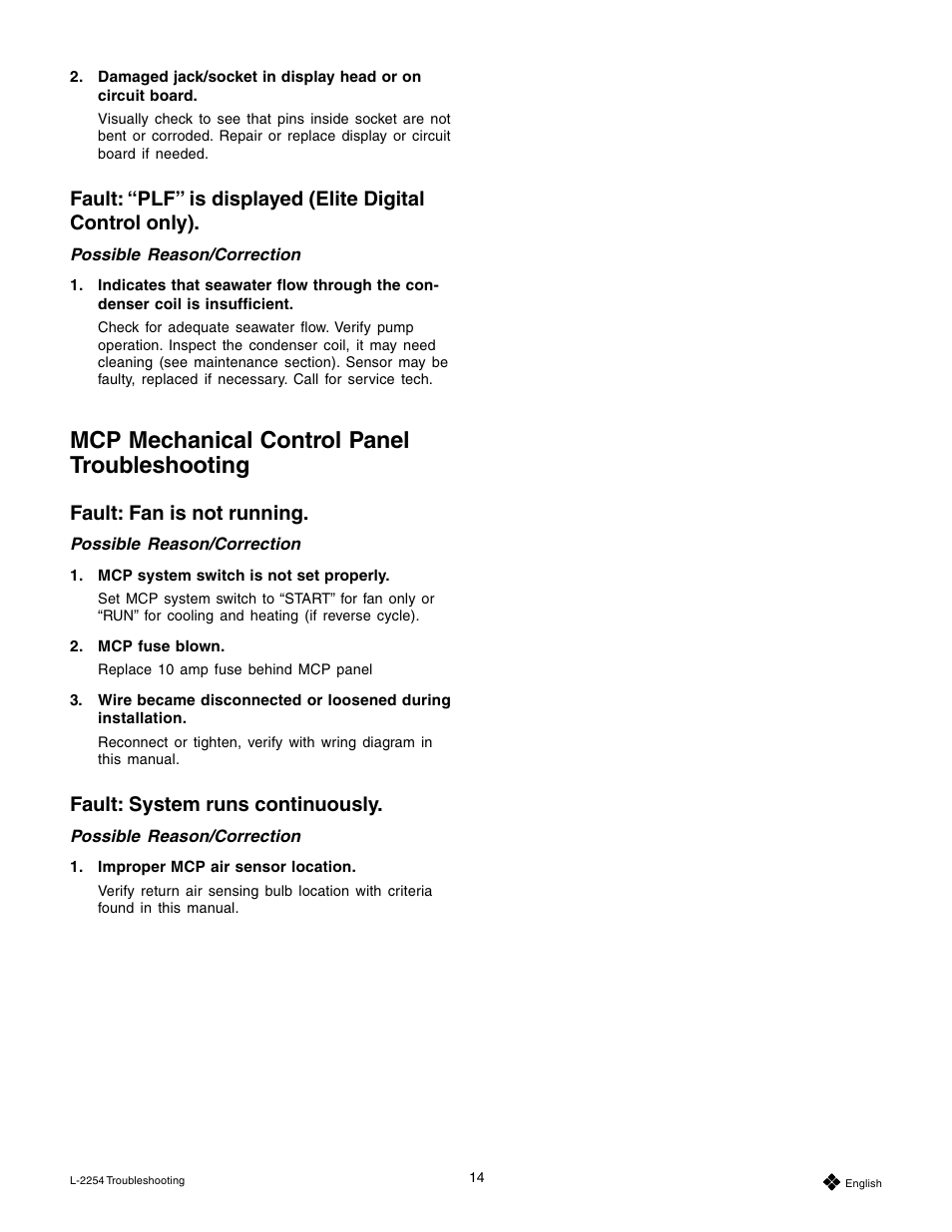 Mcp mechanical control panel troubleshooting, Fault: fan is not running, Fault: system runs continuously | Mars Air Systems L-2254 User Manual | Page 14 / 32