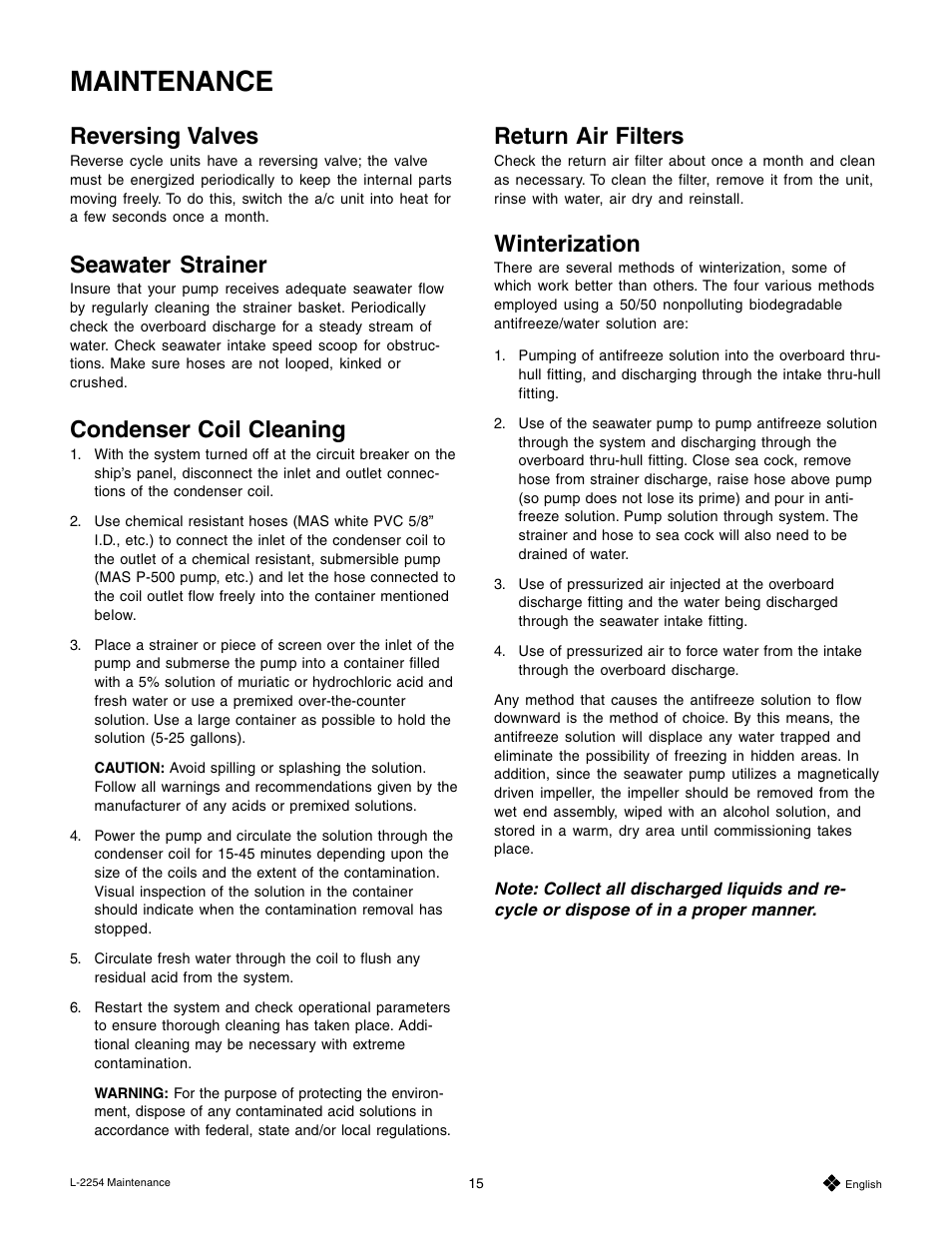 Maintenance, Reversing valves, Seawater strainer | Condenser coil cleaning, Return air filters, Winterization | Mars Air Systems L-2254 User Manual | Page 15 / 32