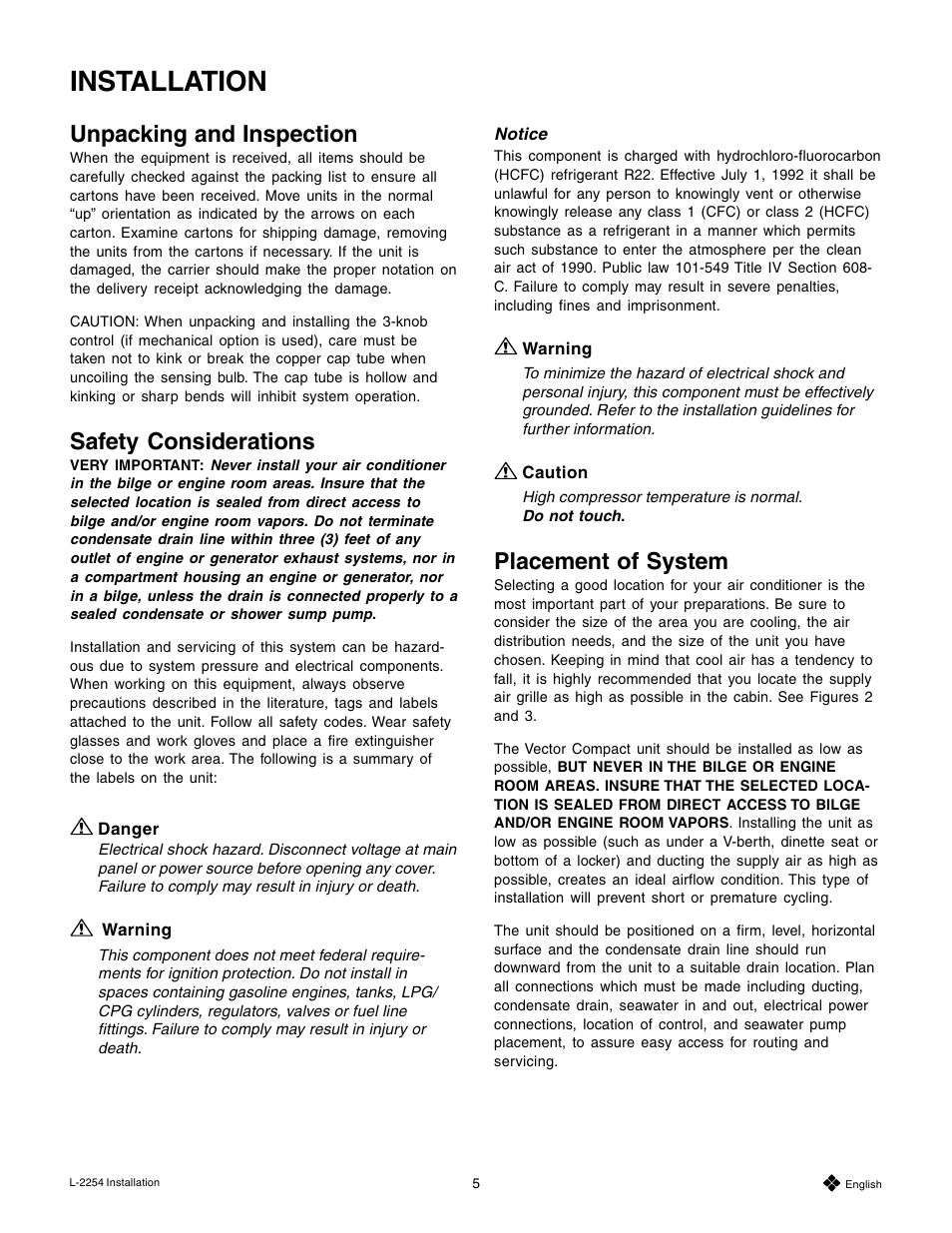 Installation, Unpacking and inspection, Safety considerations | Placement of system | Mars Air Systems L-2254 User Manual | Page 5 / 32