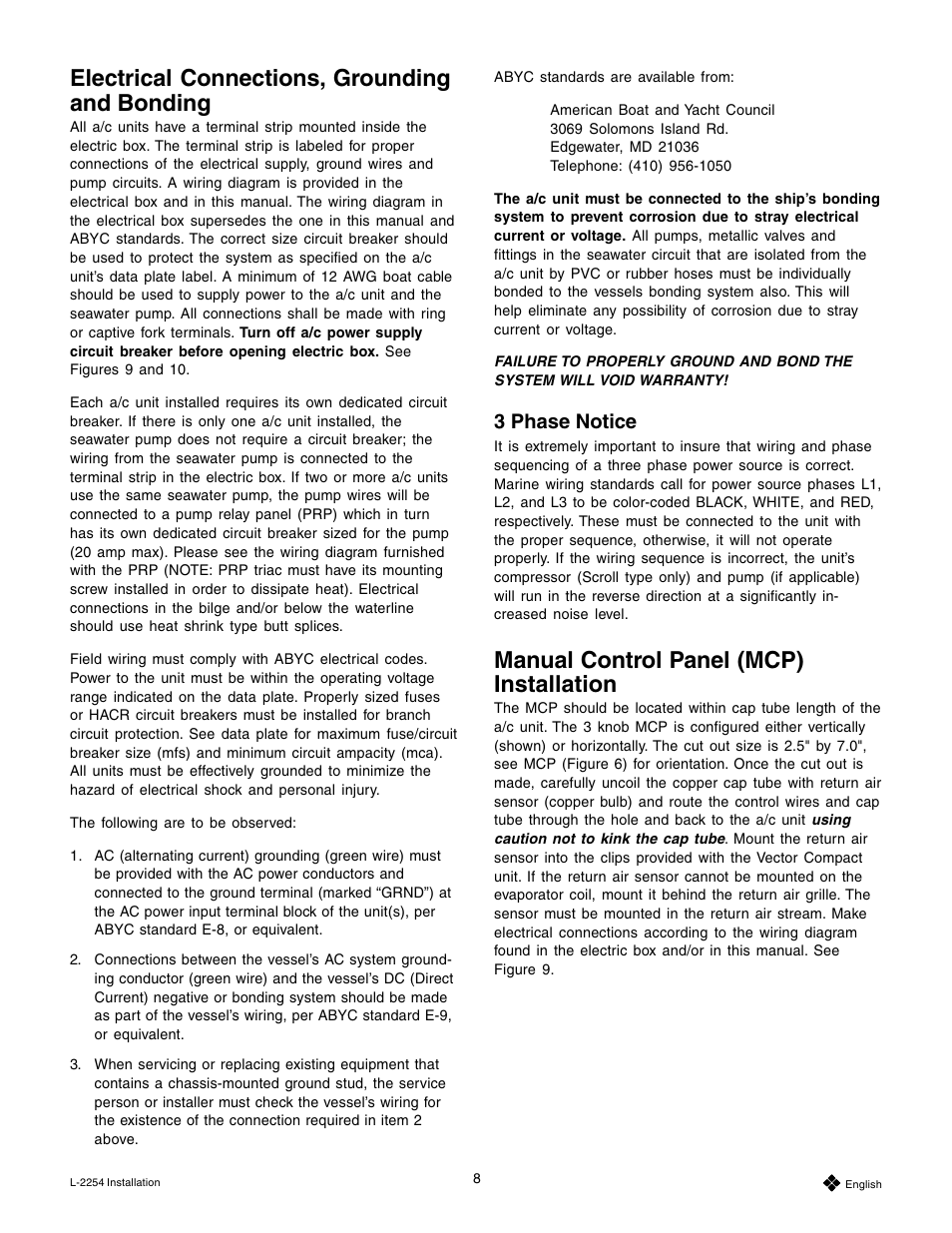 Electrical connections, grounding and bonding, Manual control panel (mcp) installation, 3 phase notice | Mars Air Systems L-2254 User Manual | Page 8 / 32