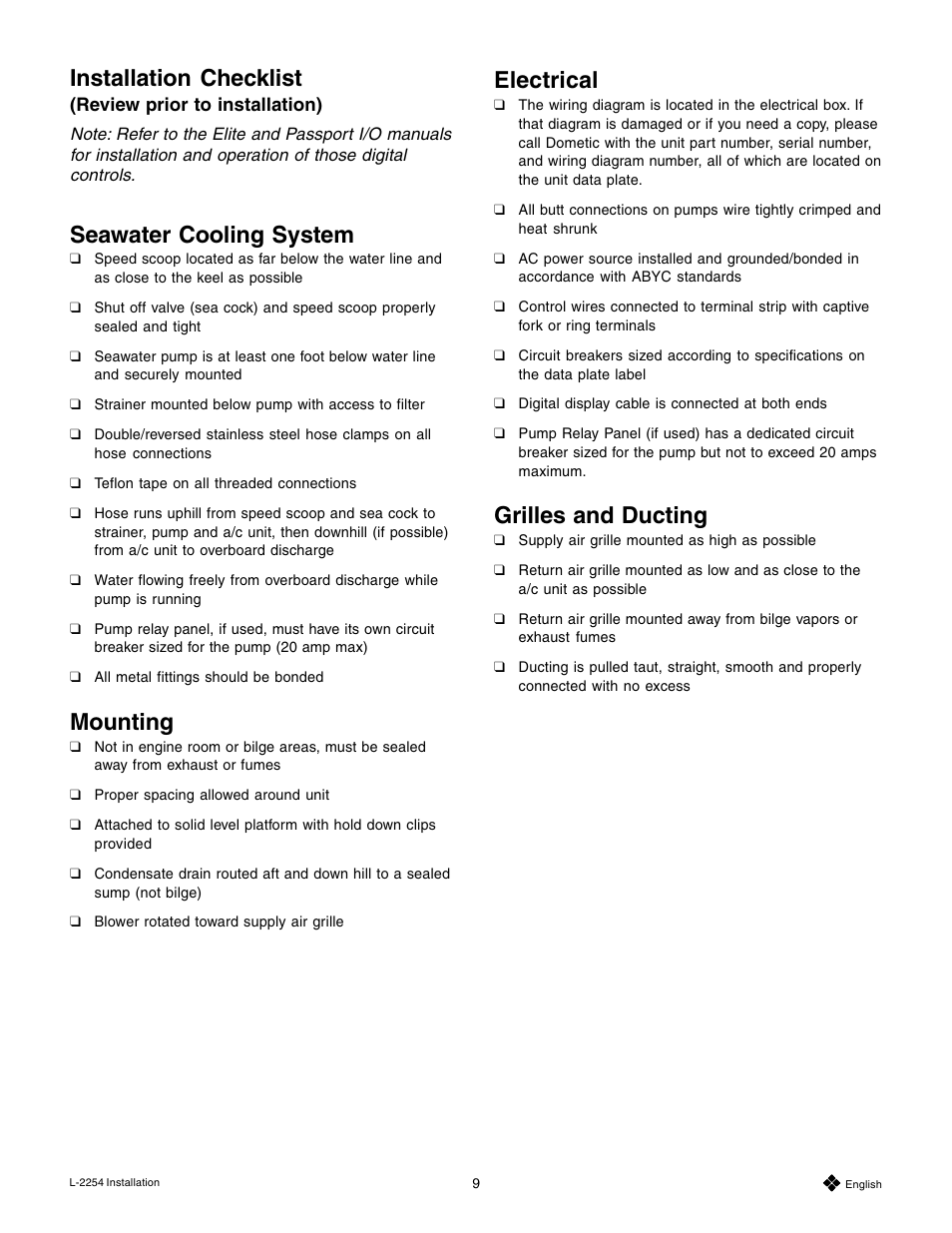 Installation checklist, Seawater cooling system, Mounting | Electrical, Grilles and ducting | Mars Air Systems L-2254 User Manual | Page 9 / 32