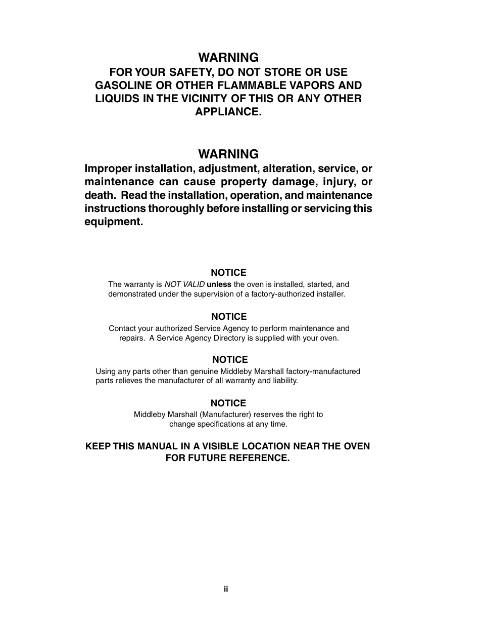 Warning | Middleby Marshall PS540E User Manual | Page 2 / 72
